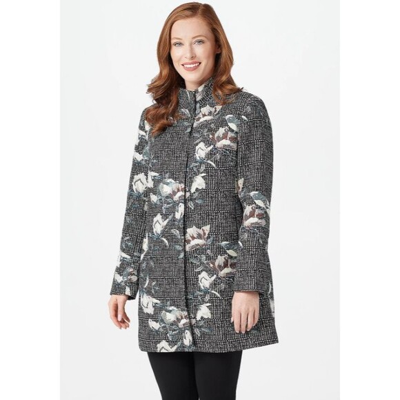 Dennis Basso Womens Size 16 Jacket Coat Woven Brocade Floral Black Snap Front - Picture 2 of 13